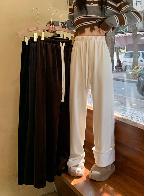 [Timely rain] Retro design plus velvet thickening high waist slim casual pants 87819# WPL
