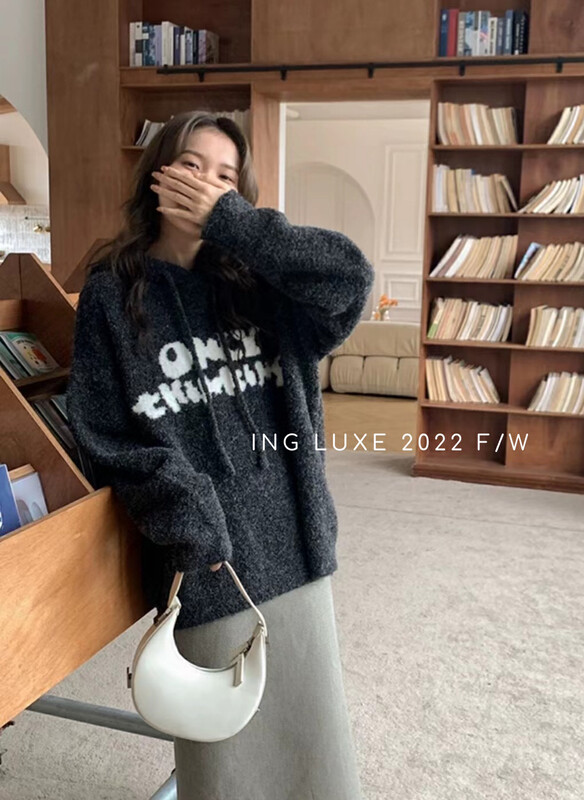 【ING】Loose Lazy Alphabet Hooded Sweater w3947