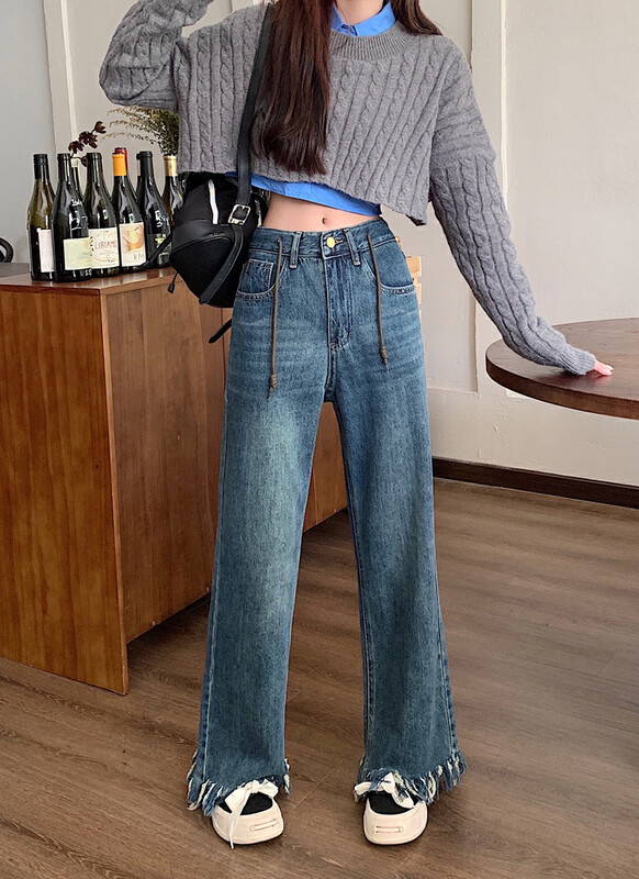 [Timely rain] Korean style ins retro high waist design raw edge elastic waist high waist slim jeans K171# WPL