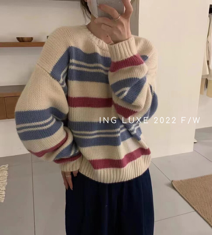 【ING】Vintage Contrast Color Lazy Striped Sweater w3875