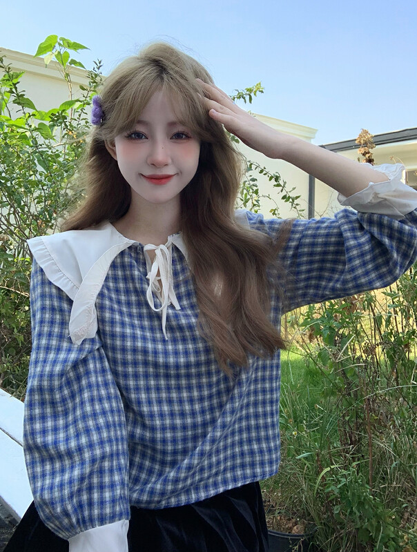 [Timely rain] Korean style ins retro sweet design doll lapel stitching plaid shirt 42037# WPL