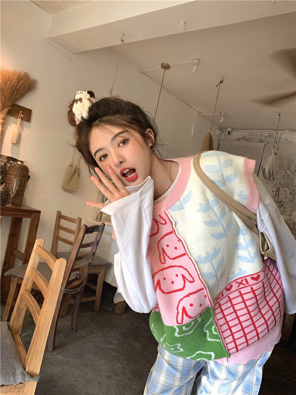 New in winter! [Timely rain] Korean style ins sweet, age-reducing, color-blocking, jacquard heavy industry, loose and versatile, no vest AS235# WPL