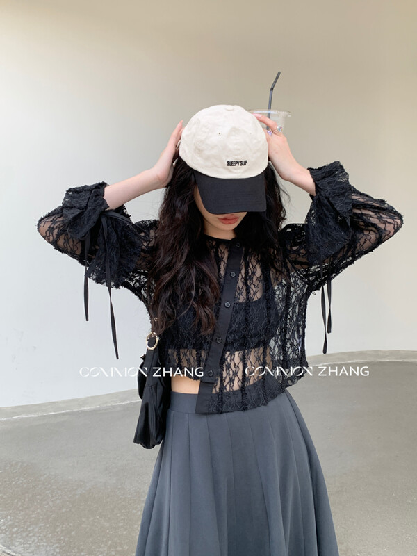 [CZ ZHANG] Pure Desire Wind Perspective Oblique Placket Short Flared Sleeve Lace Shirt 82292