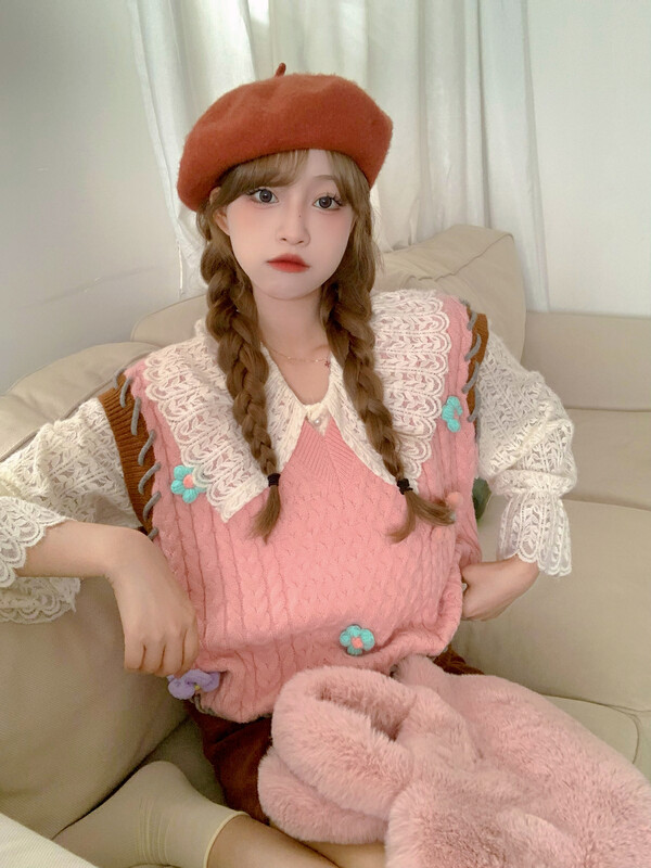 Autumn models are new! [Timely rain] Korean style ins retro sweet heavy craft flowers loose all-match vest 15259# WPL