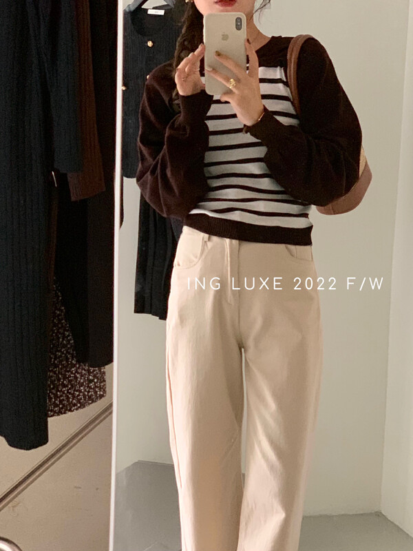 [ING] Contrast color stripe fake two-piece pullover knitted sweater w3766