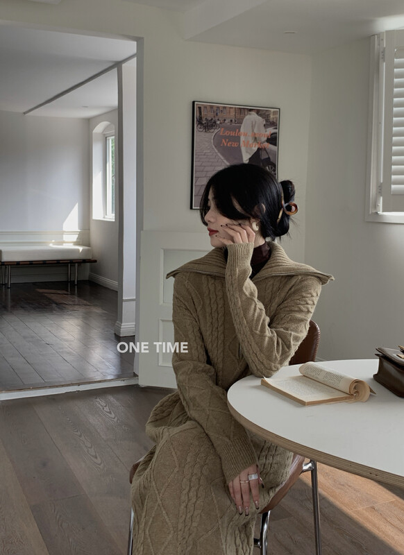 【ONE TIME】Loose and slim big lapel twist sweater dress XW5530# JHY