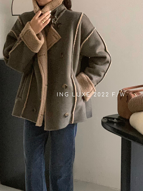 【ING】Korean version of retro temperament lamb fur one warm jacket jacket 8289