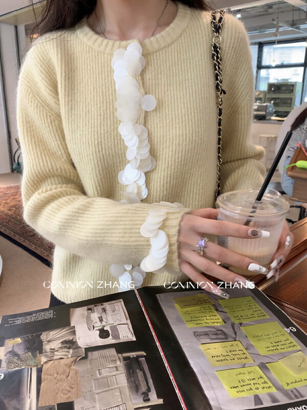 [CZ ZHANG] Big-name simple sequin stitching noble mohair cardigan coat sweater 92088