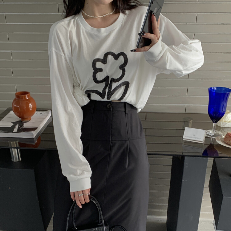 [BENYAN] lavame embroidered sequin flowers on new T-shirt long-sleeved T-shirt 6515