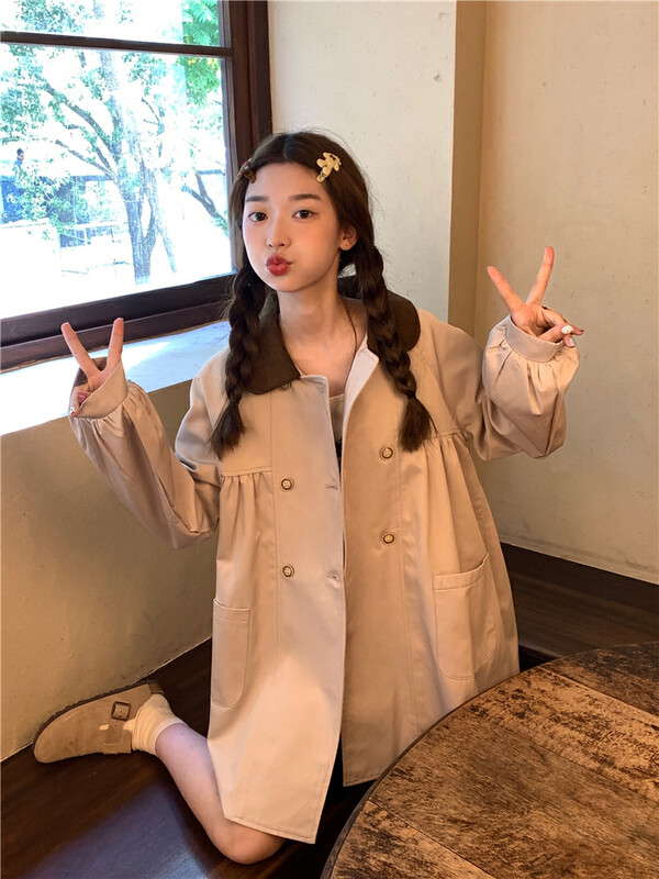 New in winter! [Timely rain] Korean style ins retro sweet doll collar loose all-match trench coat 70000# WPL