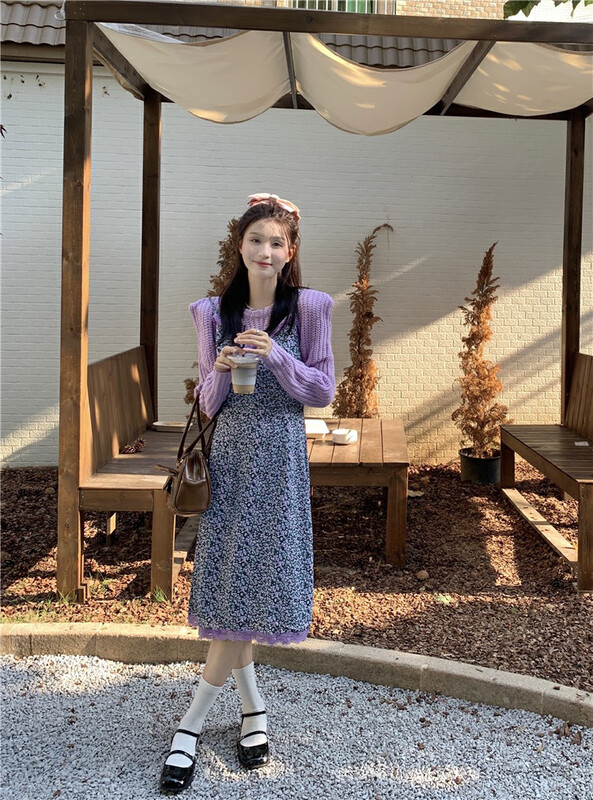 [Timely rain] Korean style ins retro sweet lace stitching small floral loose and thin dress (without matching) 20515# WPL