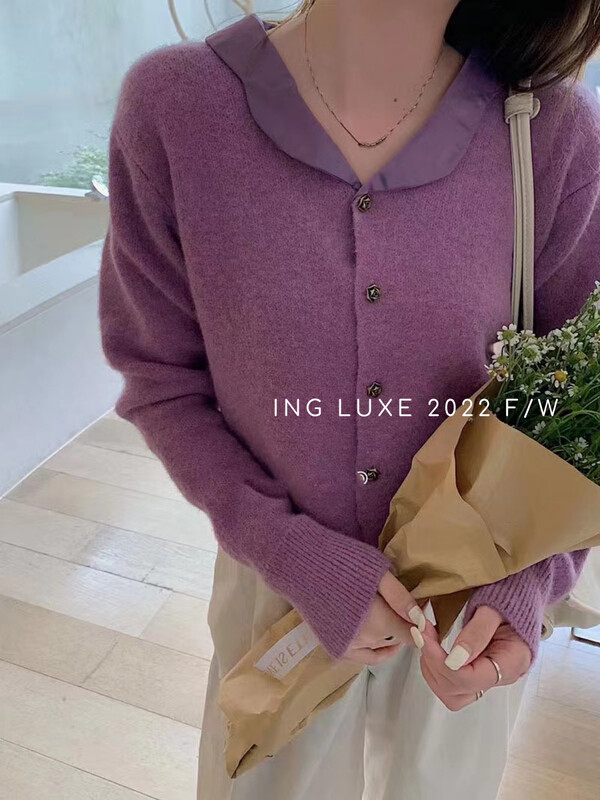 【ING】Gentle style retro satin lace lapel sweater w3802