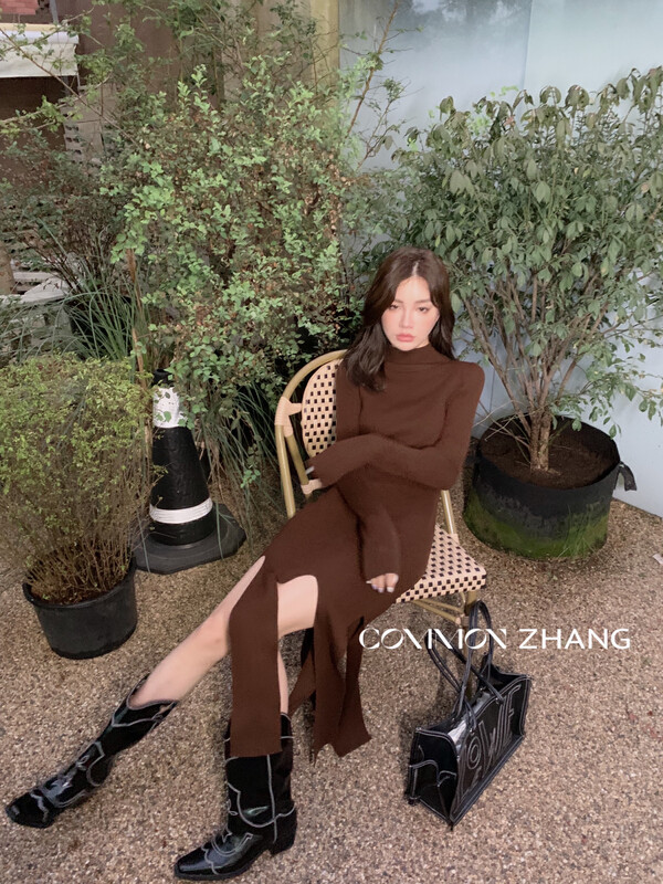 Original price 134.63! 【CZ ZHANG】Korean version half turtleneck slit slim solid color long skirt dress 91036# JHY