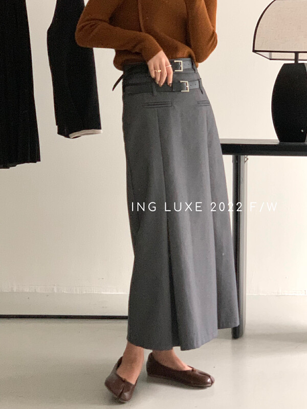 【ING】High waist and slim double belt temperament A-line suit skirt skirt ING-8225