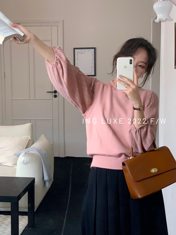 [ING] Korean round neck pullover stitching sweater w3719