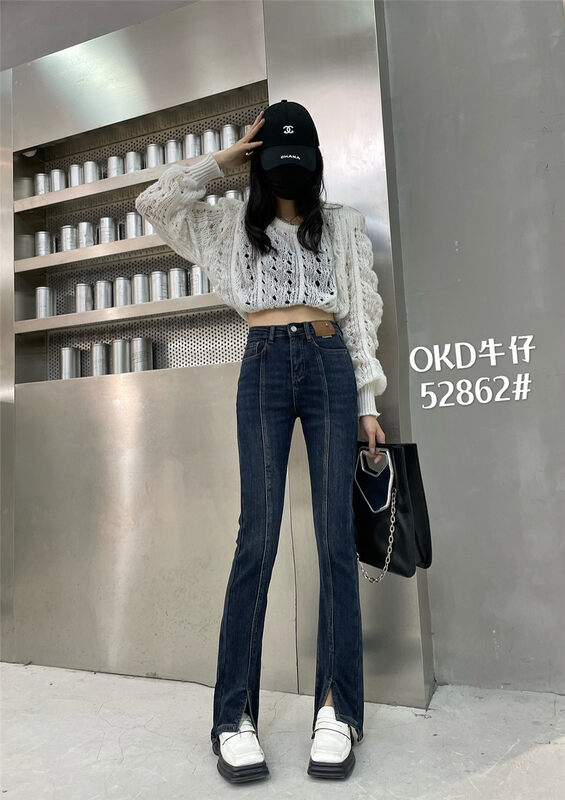 【OKD】Korean version leather label super elastic irregular slit chopsticks jeans 52862# GY