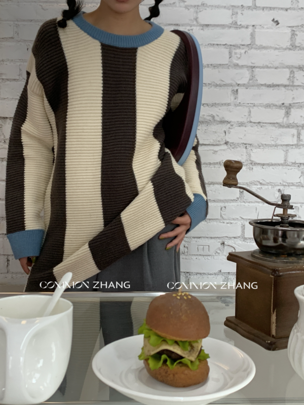 【CZ ZHANG】Contrast stripe colorful sweater knitted sweater 92086# JHY