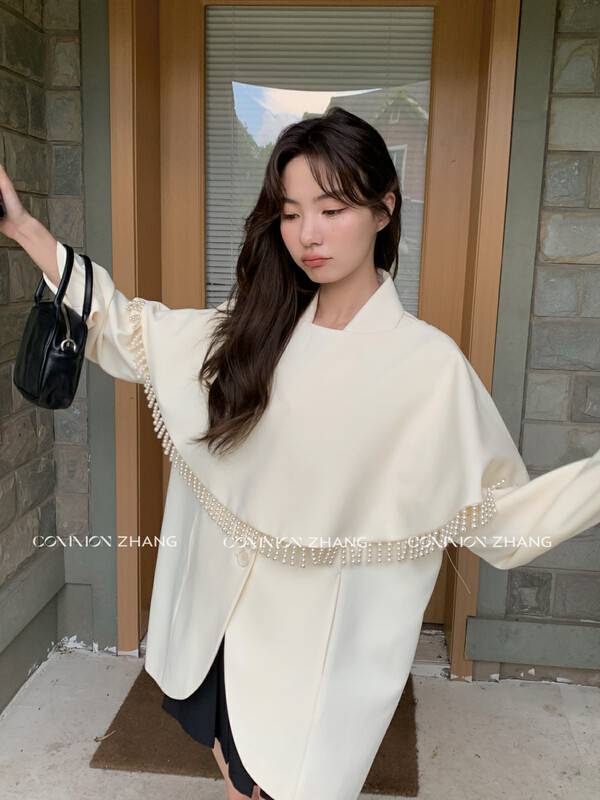 【CZ ZHANG】Design sense pearl stitching shawl collar loose suit 82162# JHY