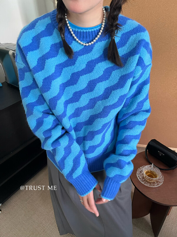 【TRUSTME】Korean Style Colorblock Wave Pattern Sweater 40284