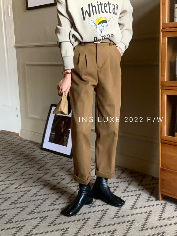 【ING】High waist slim cigarette pipe woolen casual pants (with belt) ING-8268