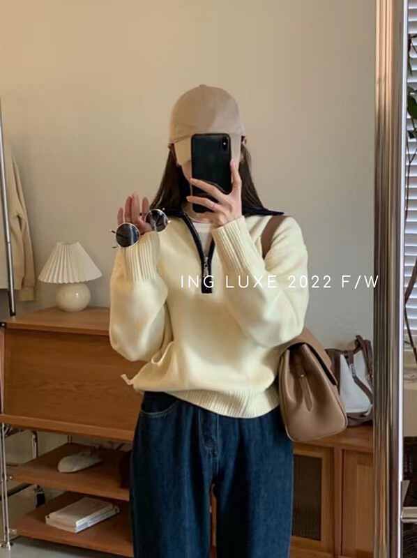 【ING】Korean style contrast color lapel half zip pocket warm sweater w3806# FHX
