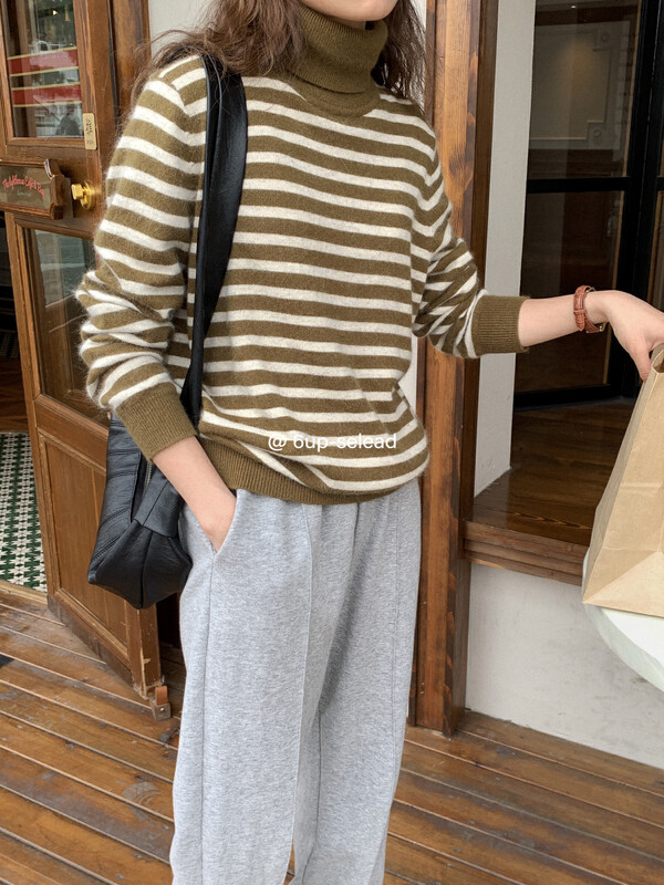 [6-UP] High-neck striped Korean comfortable bottoming shirt (including rabbit velvet 20% + lamb velvet 5%) 69228-1# CQW