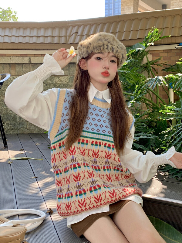 New in autumn! [Timely rain] Korean style ins retro sweet design loose all-match knitted vest + suit A1299# WPL