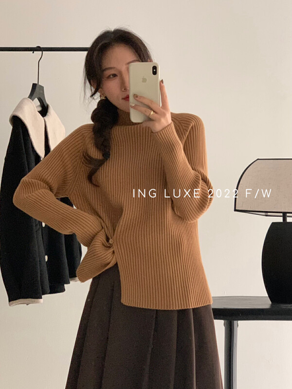 【ING】Korean style slimming irregular knitted sweater w3886