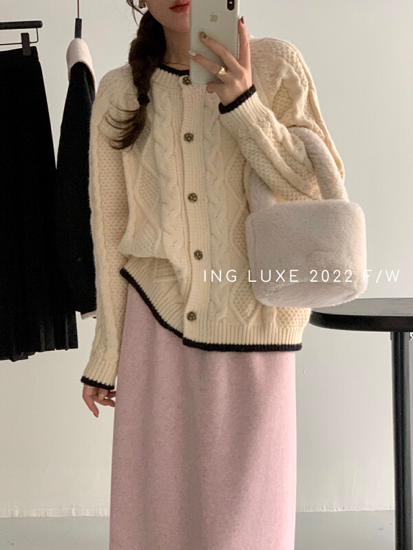 【ING】Twist all-match round neck contrast knitted cardigan sweater w3905