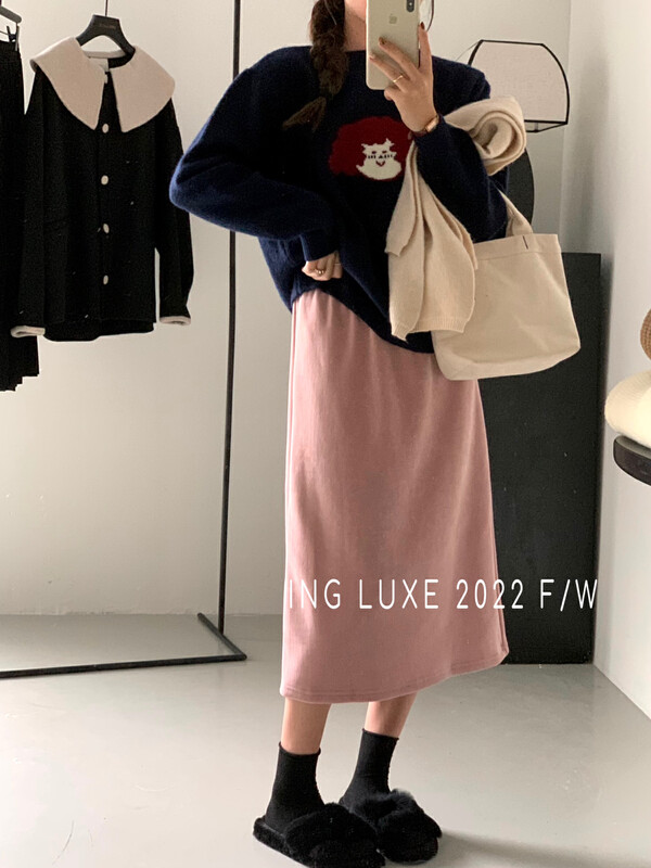 【ING】Commuter simple plus velvet corduroy skirt 8296
