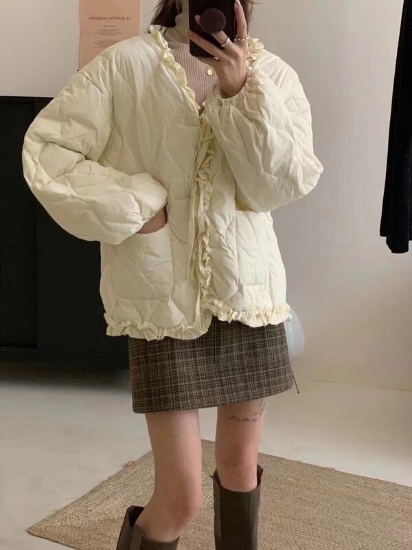 【WANWAN】V Neck Contrast Color Tape Warm Down Jacket (including 90% White Duck Down) 2586# HBX