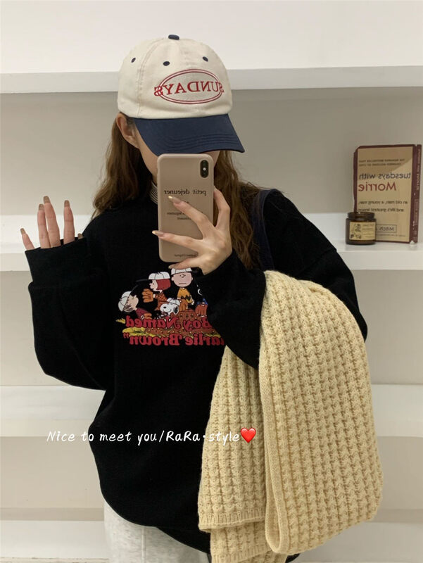 [RARA] ins style Snoopy print round neck pullover fleece sweater 5663# LSL