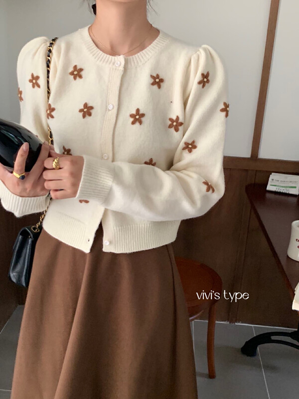 【VIVIS TYPE】Korean style round neck hand embroidered knitted cardigan 7778# HJY
