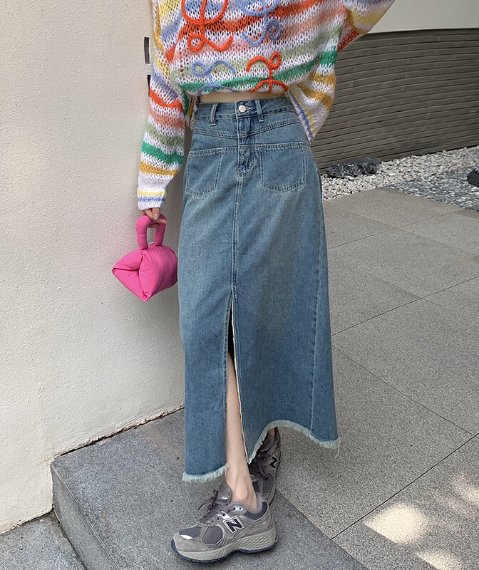 [Timely rain] Korean style ins retro washed raw edge design front slit skirt 53025# WPL