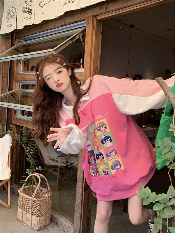 [Timely rain] Korean style ins sweet design polo collar fun print sweater 41025# WPL