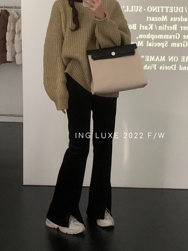 【ING】High-waisted wide-leg split flared velvet casual pants 8287