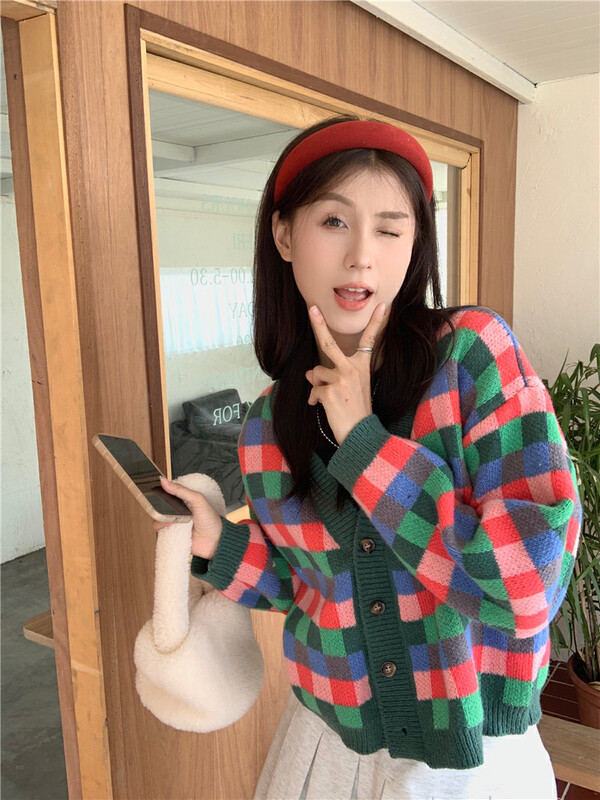 [Timely rain] Korean style ins design sense color plaid V-neck breasted warm sweater AS289# WPL