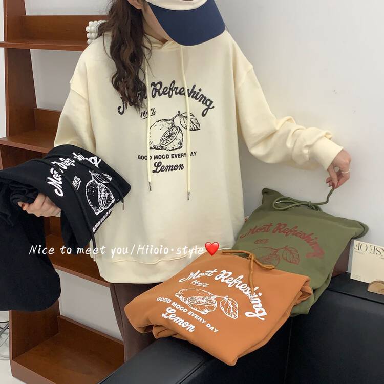 【HIIOIO】Lemon Print Loose Hooded Loose Sweater 87192# LSL