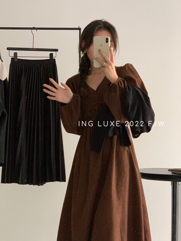 【ING】French elegant V-neck waist slim dress ING-8252