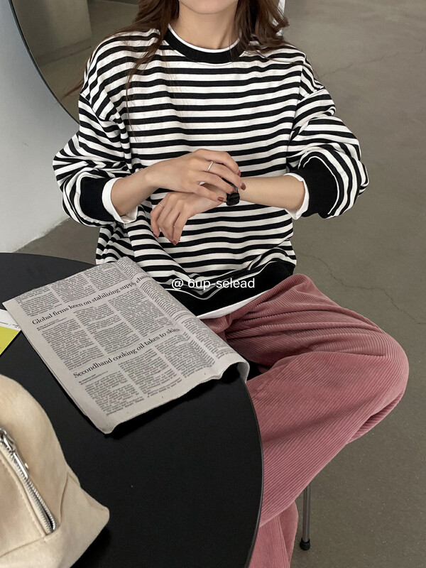 【6-UP】Fake two-piece striped round neck fleece sweater 69323# CQW