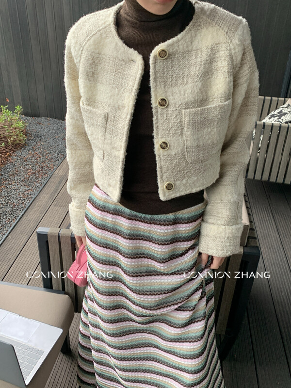 【CZ ZHANG】Korean version of temperament striped thin single-breasted tweed short coat 82411# JHY
