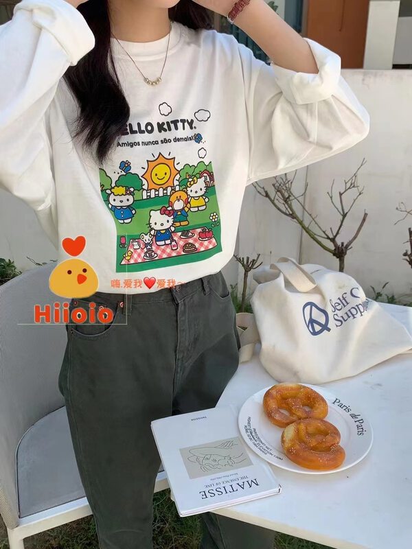 New in autumn!  [HIIOIO] Casual Loose Cartoon HelloKitty Round Neck Pullover Long Sleeve T-Shirt 30302-21# LSL
