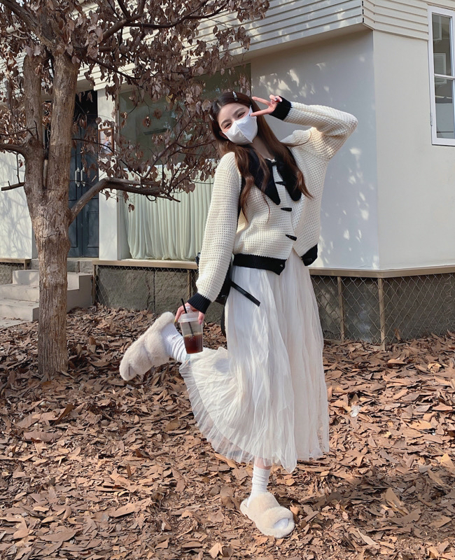New in winter! [Timely rain] Korean style ins retro sweet design double-sided velvet stitching lace skirt 17022# WPL