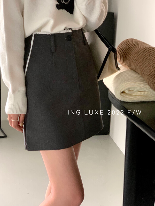 【ING】High waist raw edge color matching a-line all-match skirt 8275