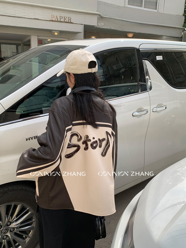 [CZ ZHANG] High street retro motorcycle jacket light-sensitive thick rubber gradient letter ironing leather jacket 82259# JHY