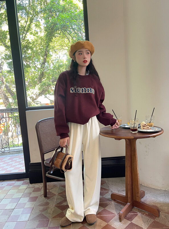 [Timely Rain] Lazy Design Embroidered Letter Fleece Pullover Sweater (Only Sweater) 79795# WPL