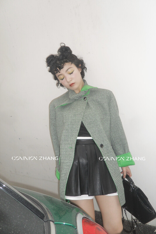 [CZ ZHANG] Retro Houndstooth Contrast Color Bow Tie Straight Loose Double-sided Cashmere Wool Jacket 22012