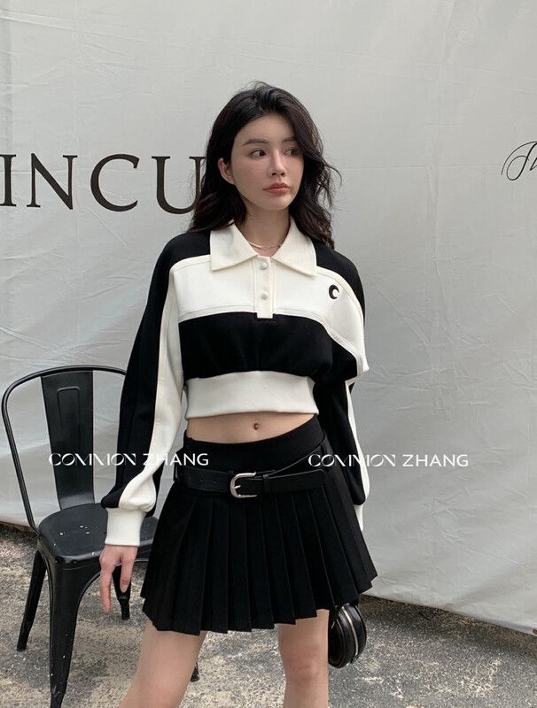 【CZ ZHANG】High Street American Colorblock Short Pullover Polo Collar Casual Sweater 82390# JHY