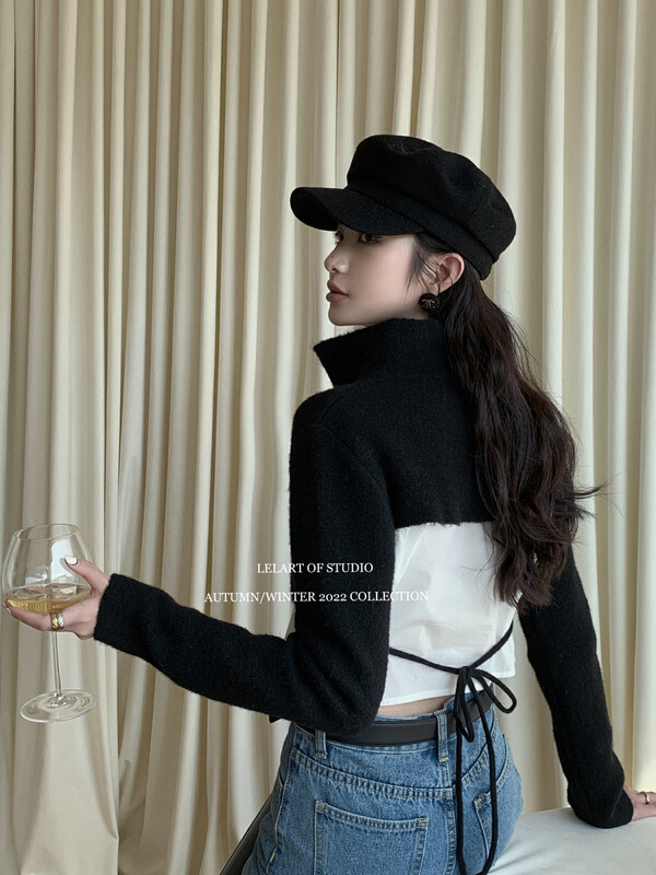 【LE LART】French design high neck open back design short pullover sweater XZ345