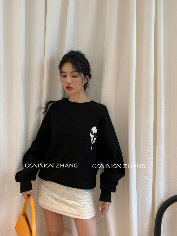【CZ ZHANG】Solid Color Atmospheric Casual Pullover Loose Flower Pattern Sweater 82270# JHY